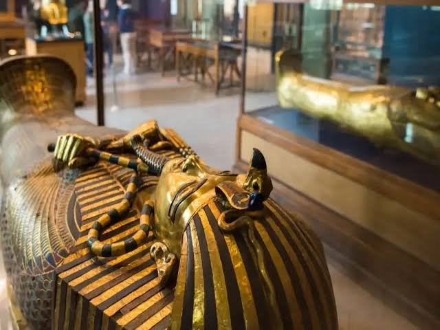 The golden death mask of Tutankhamun at the Grand Egyptian Museum